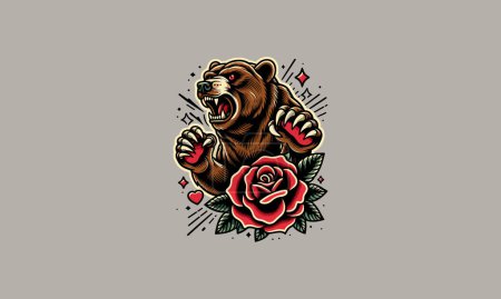 Téléchargez les illustrations : Tête ours et rose vecteur illustration design - en licence libre de droit
