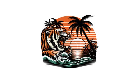 Ilustración de Tigre enojado y palma en mar puesta del sol vector diseño de obras de arte - Imagen libre de derechos