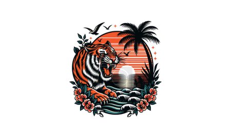 Ilustración de Tigre enojado y palma en mar puesta del sol vector diseño de obras de arte - Imagen libre de derechos