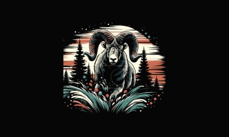 Ilustración de Cabeza de cabra cuerno largo en diseño de obras de arte vector forestal - Imagen libre de derechos