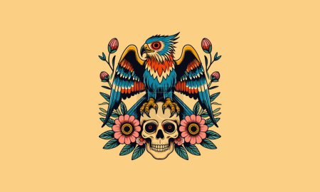 bird with head skull and flowers vector mascot design