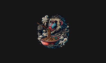 Illustration for Baboon eat ramen hot vector illustration mascot design - Royalty Free Image