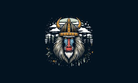 Illustration for Head baboon wearing viking hat vector mascot design - Royalty Free Image