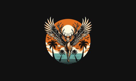 Ilustración de Ciervo con alas en la playa puesta del sol y diseño de obras de arte de vector de palma - Imagen libre de derechos