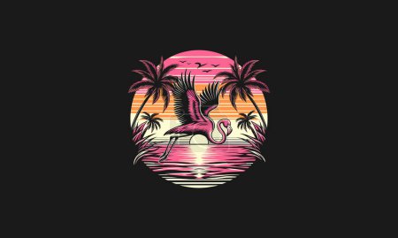 Ilustración de Flamingo volador en playa puesta del sol y diseño de obras de arte de vector de palma - Imagen libre de derechos
