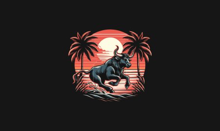 Ilustración de Toro corriendo en la playa puesta del sol y diseño de obras de arte vector de palma - Imagen libre de derechos