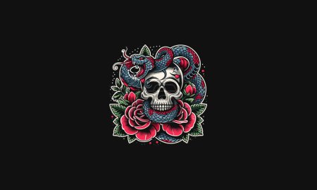 Ilustración de Cabeza cráneo y rojo rosa y serpiente vector diseño de obras de arte - Imagen libre de derechos