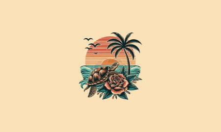 tortue sur la plage avec paume et coucher de soleil rose vecteur illustration design