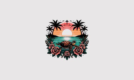 turtle on beach with palm and rose sunset vector artwork design