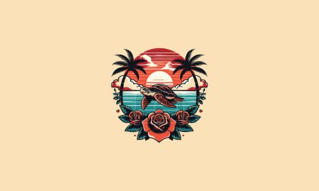 turtle on beach with palm and rose sunset vector artwork design
