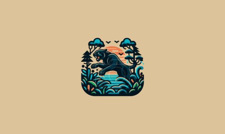 black panther jump on forest vector illustration flat design