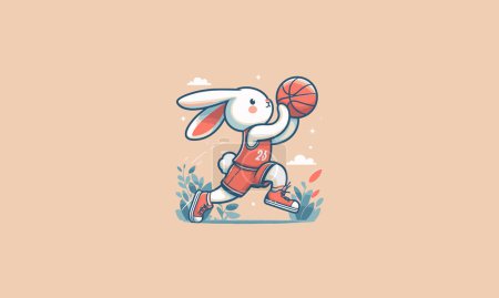 conejo jugando cesta bola vector ilustración plano diseño
