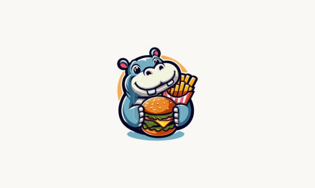 hippo smile eat burger vector illustration mascot design
