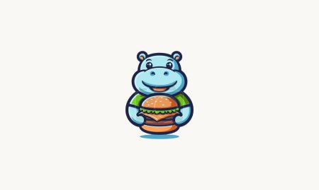 hipopótamo sonrisa comer hamburguesa vector ilustración mascota diseño