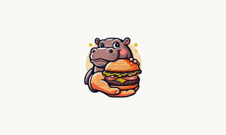 hippo smile manger burger vecteur illustration mascotte design