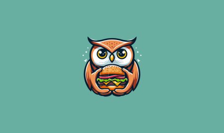 Téléchargez les illustrations : Hibou mignon manger burger vecteur illustration mascotte design - en licence libre de droit