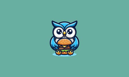 owl cute eat burger vector illustration mascot design