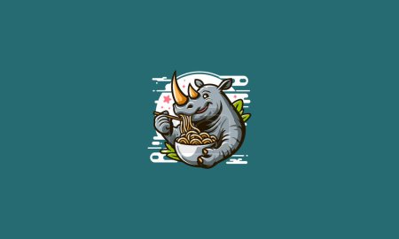 rhino eat noodle vector illustration mascot design