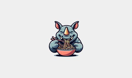 rhino eat noodle vector illustration mascot design