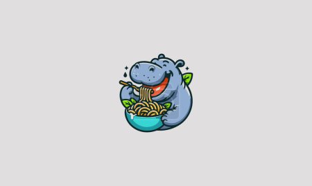 hipopótamo comer fideos vector ilustración logo diseño