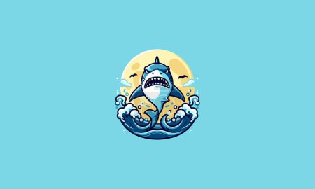 Téléchargez les illustrations : Requin en colère sur mer nuit lune vecteur plat design - en licence libre de droit