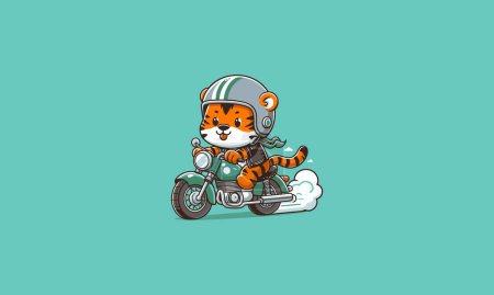 tiger cute wearing helmet riding motorcycle vector flat design