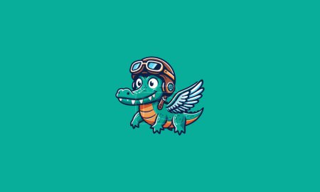 Illustration for Crocodile wearing helmet with wings vector mascot design - Royalty Free Image