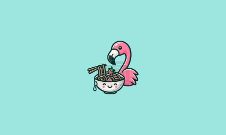 Flamingo lindo comer fideos vector ilustración logo diseño