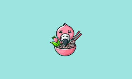 Flamingo lindo comer fideos vector ilustración logo diseño