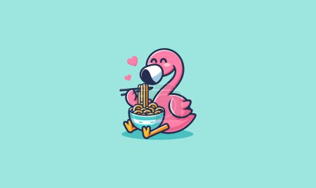 flamingo cute eat noodle vector illustration logo design