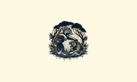 Illustration for Tiger fighter on forest vector mascot design - Royalty Free Image