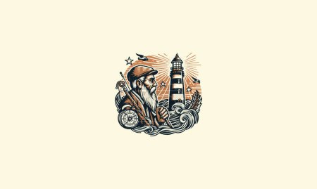 Illustration for Old man on lighthouse vector illustration flat design - Royalty Free Image