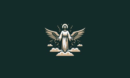 Téléchargez les illustrations : Jésus avec des ailes sur la conception de la mascotte du vecteur de nuages - en licence libre de droit