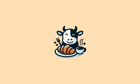 Ilustración de Cabeza vaca comer pan vector logo diseño - Imagen libre de derechos