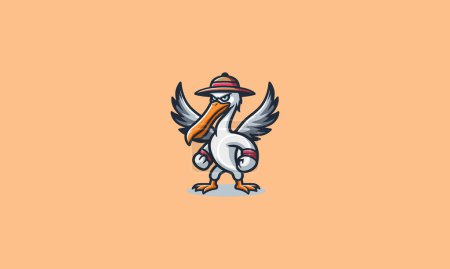 Illustration for Pelican karate wearing hat with wings vector logo design - Royalty Free Image