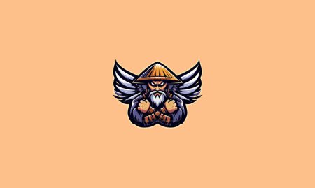 personnage vieil homme portant un chapeau avec des ailes en colère vecteur logo design