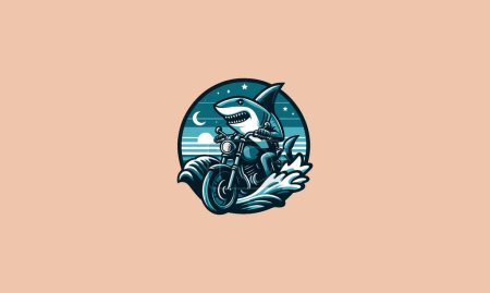 shark wearing helmet riding motorcycle vector logo design