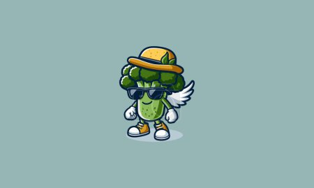 brócoli con vidrio solar y sombrero vector mascota diseño