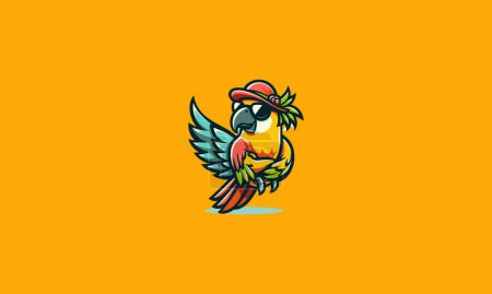 parrot wearing sun glass and hat vector logo design