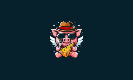 Ilustración de Cerdo carácter usando sombrero comer queso vector mascota diseño - Imagen libre de derechos