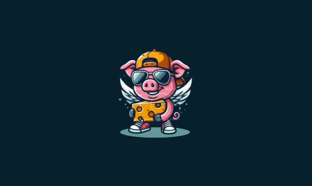 Illustration for Pig character wearing hat eat cheese vector mascot design - Royalty Free Image