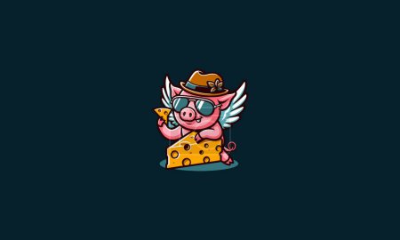 Ilustración de Cerdo carácter usando sombrero comer queso vector mascota diseño - Imagen libre de derechos