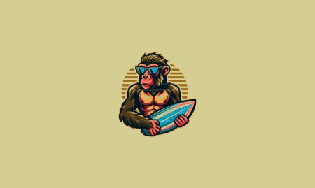 baboon wearing sun glass and surfing board vector logo design