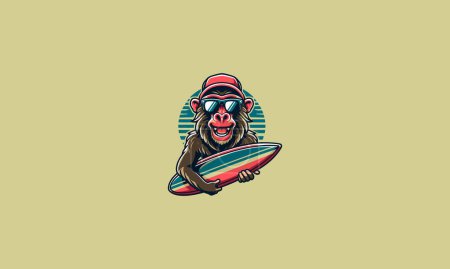 Illustration for Baboon wearing sun glass and surfing board vector logo design - Royalty Free Image