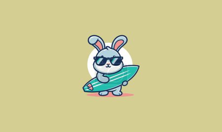 Illustration for Rabbit wearing sun glass hold surfing board vector logo design - Royalty Free Image