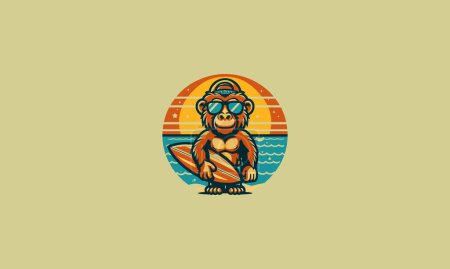 Illustration for Baboon wearing sun glass and surfing board vector logo design - Royalty Free Image