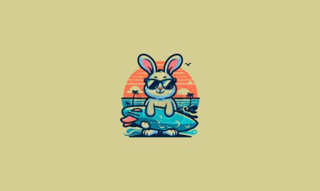 Illustration for Rabbit wearing sun glass hold surfing board vector logo design - Royalty Free Image