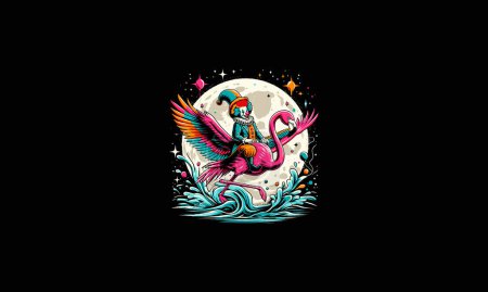 Clown reitet Flamingo fliegt auf Mond Vektor Artwork Design