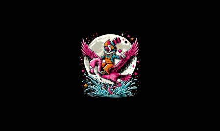 clown équitation flamant rose volant sur lune vecteur illustration design