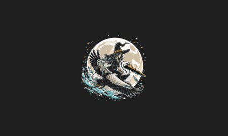 Hexe reiten Pelikan fliegen auf Mond-Vektor-Artwork-Design